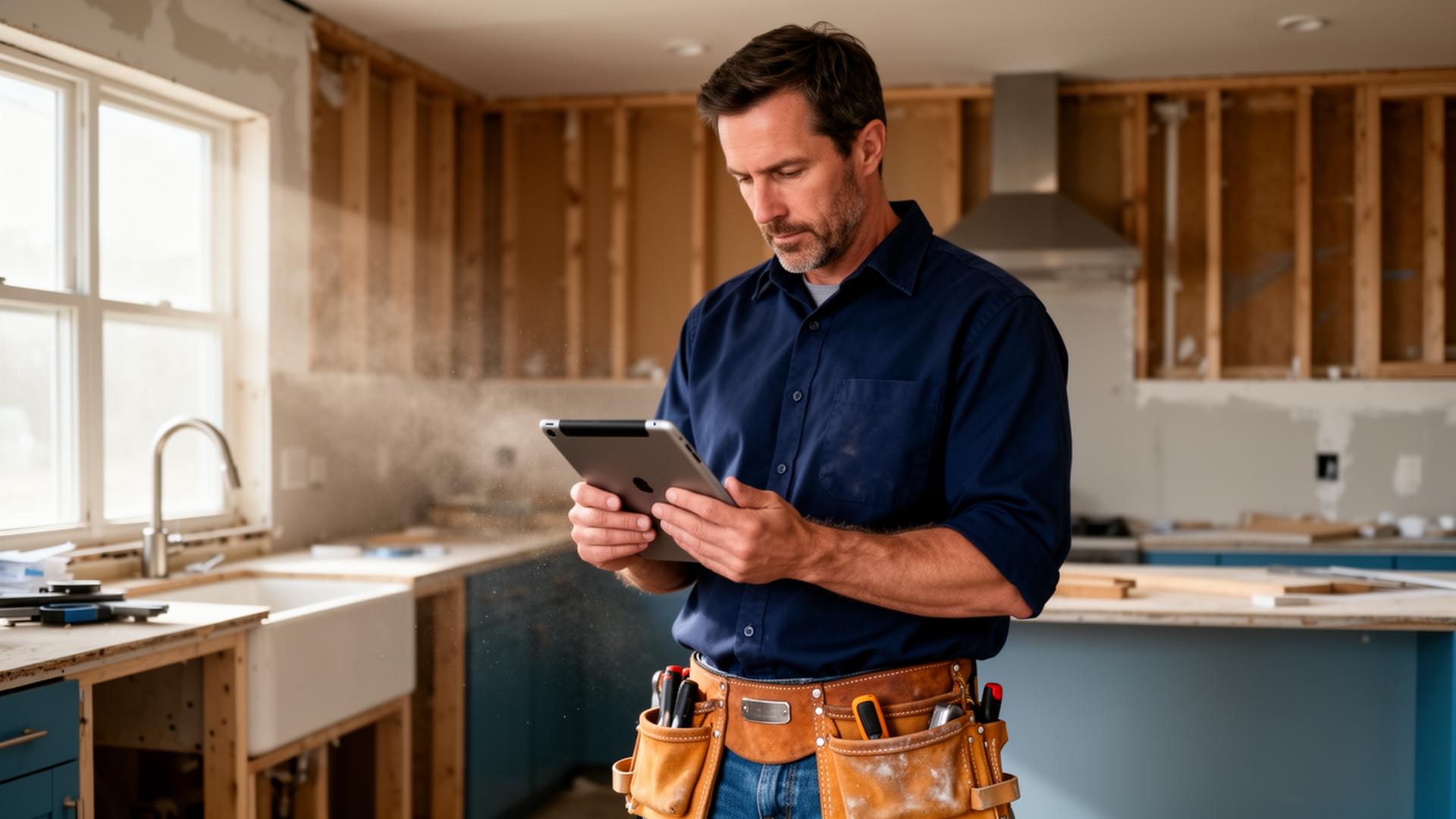 A general contractor reviewing a ScopeRun estimate on a tablet inside a kitchen remodel.